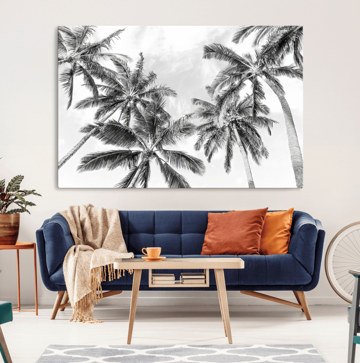 62113786-MGV-CV-36X24-Black and White Palm Wall Art Canvas Print – Monochrome Tropical Beach Minimalist Coastal Artwork for Home, Office