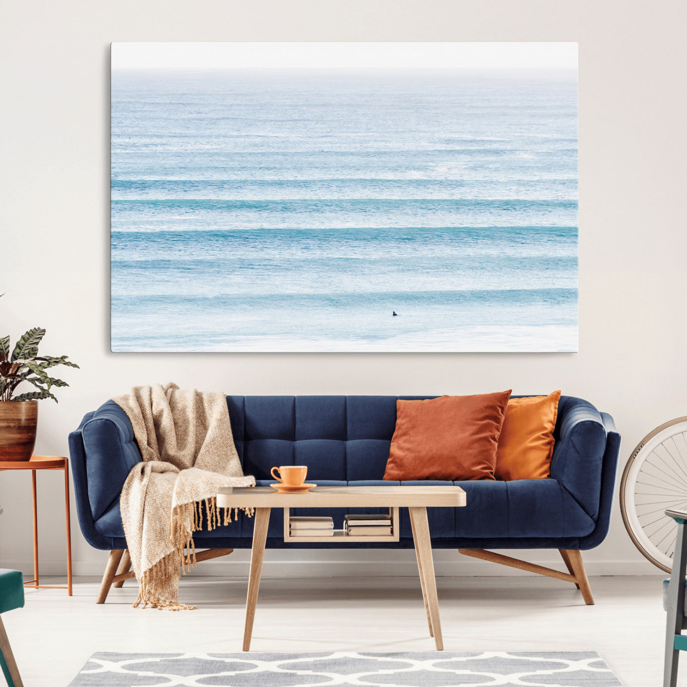 MGV-CV-36X24 - Ocean Simplicity Wall Art Canvas Print, Framed Surfer on Water Art Picture Print, Light Blue Perfect Coastal Minimalist Decor Artwork