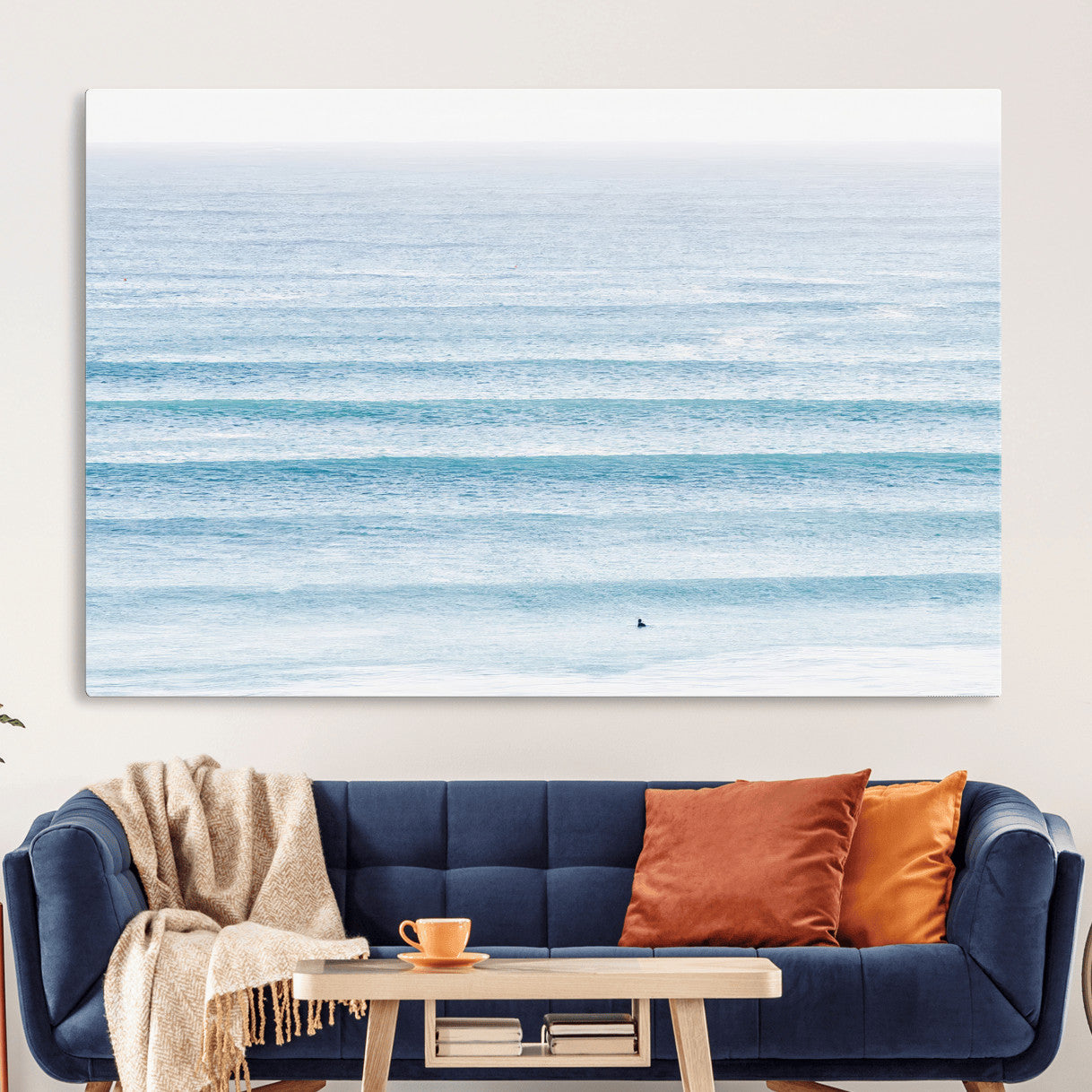77145995-MGV-CV-36X24-Ocean Wave Surfer Wall Art – Framed Minimal Seascape Canvas Artwork, Calm Blue Water Design, Coastal Decor for Home, Office