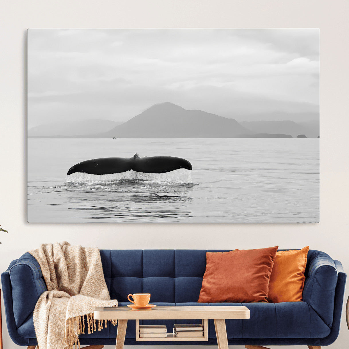 MGV-CV-36X24 - Whale Tail Wall Art Canvas Print, Framed Black White Ocean Art Picture Print, Calm Marine Perfect Minimalist Coastal Decor Artwork