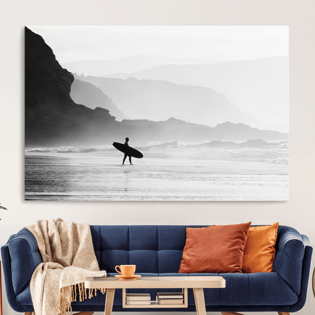 MGV-CV-36X24 - Surfer In Fog Wall Art Canvas Print, Framed Moody Shoreline Art Picture Print, Cliffside Waves Perfect Minimalist Coastal Decor Artwork