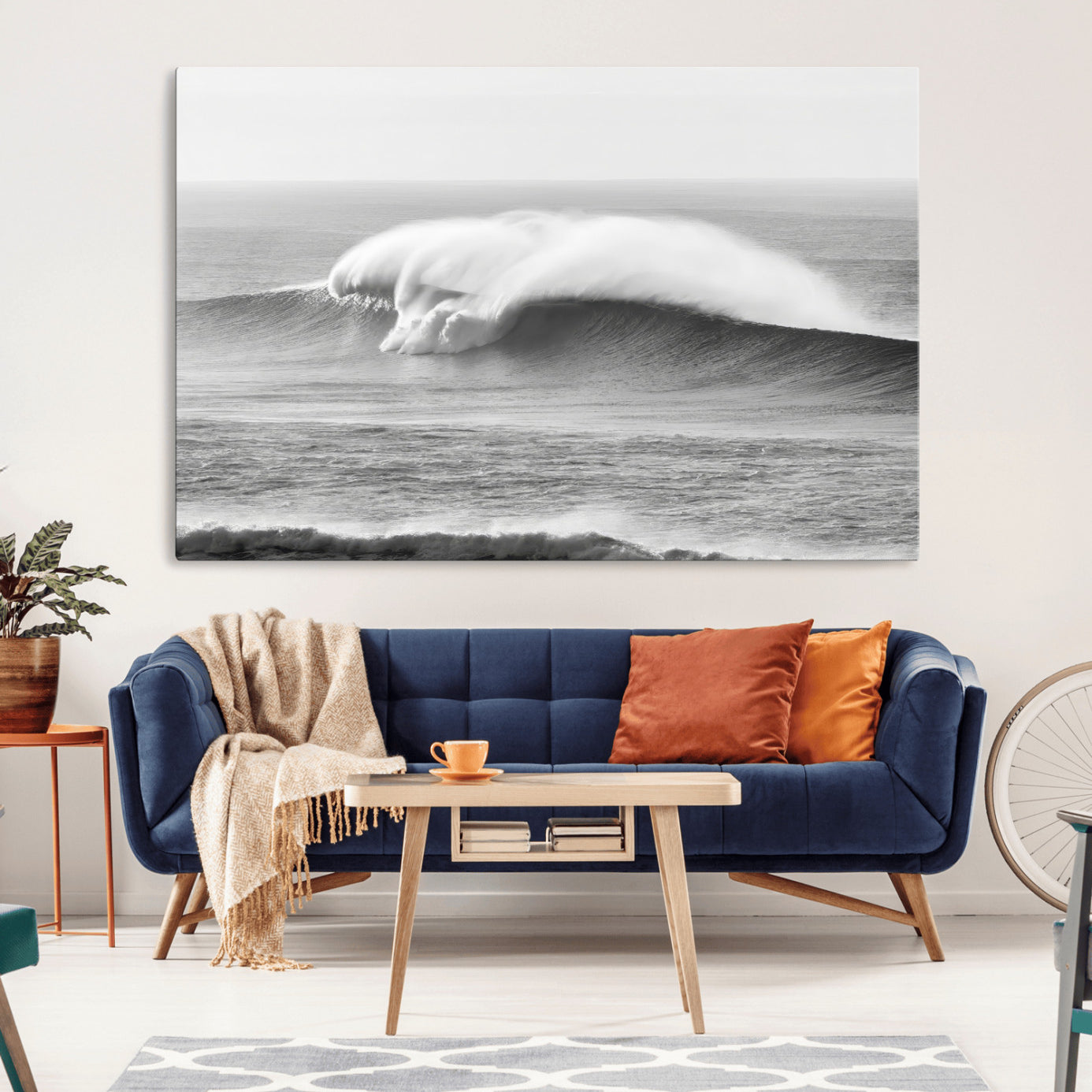 -Monochrome Seascape Wall Art Canvas Print – Framed Surf Wave Scene with Minimalist Ocean Artwork for Home, Office