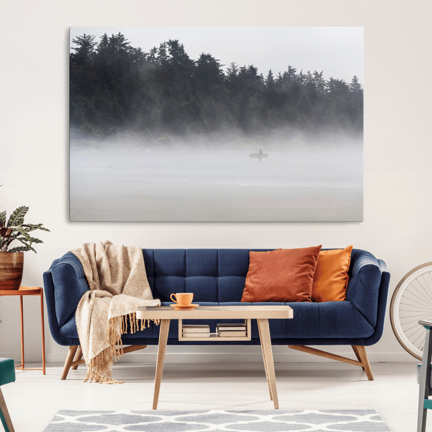 -Surfer Fog Wall Art Canvas Print – Framed Foggy Beach Scene with Coastal Surf Artwork for Home, Office, Living Room