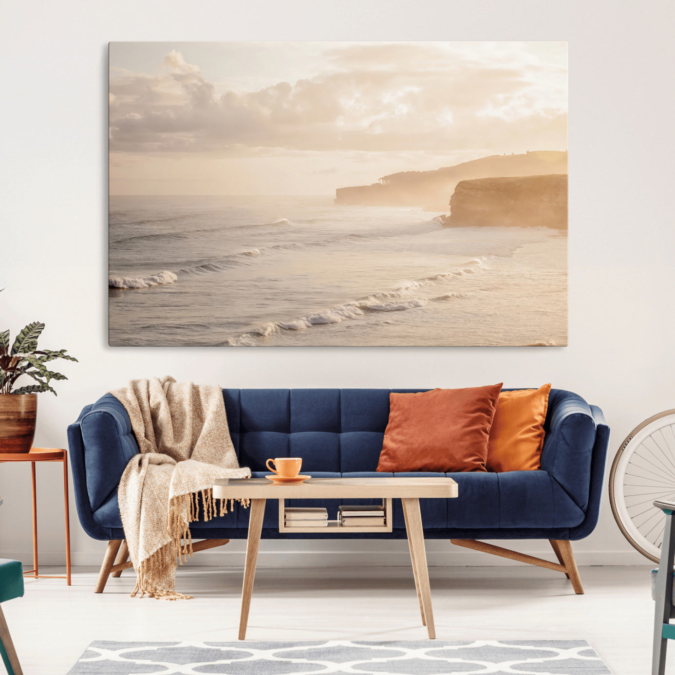 -Misty Coastal Wall Art Canvas Print – Framed Golden Sunset Scene with Serene Shoreline Artwork for Home, Office