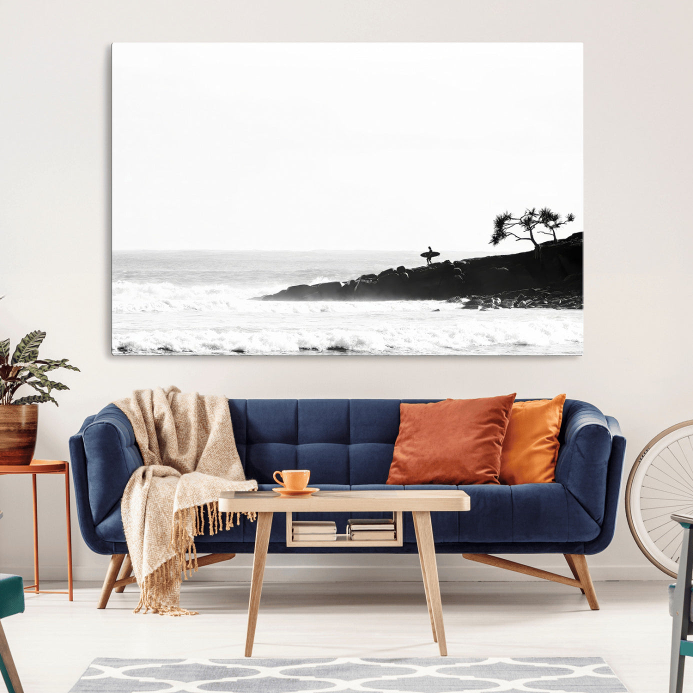-Surfer Cliffs Wall Art Canvas Print – Framed Black White Beach Scene with Ocean Waves Artwork for Home, Office