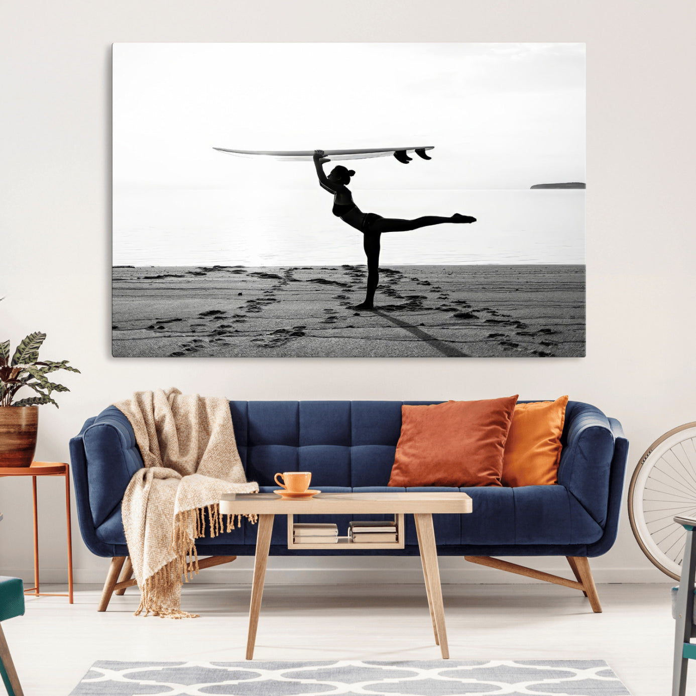 28441356-MGV-CV-36X24-Yoga Surf Wall Art Canvas Print – Framed Black White Shore Scene with Peaceful Ocean Artwork for Home, Office