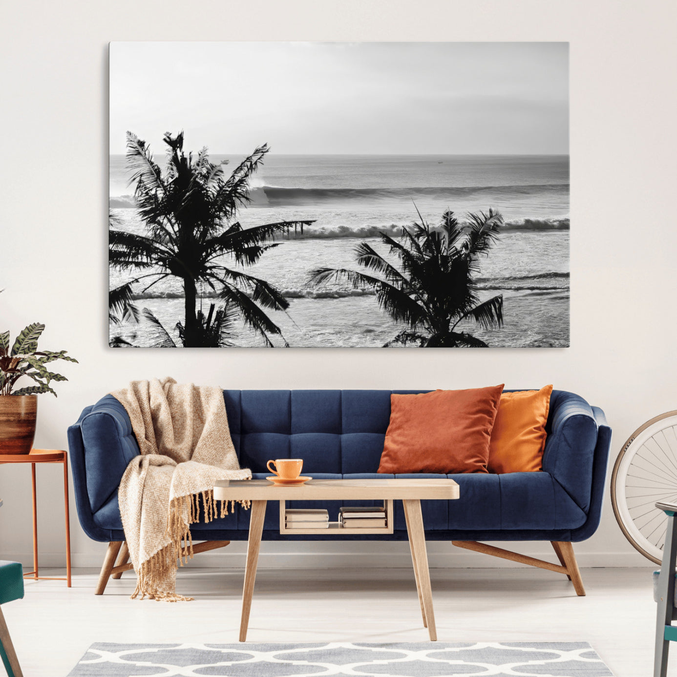 17508038-MGV-CV-36X24-Tropical Coastline Wall Art Canvas Print – Framed Palm Trees Scene with Ocean Waves Artwork for Home, Office