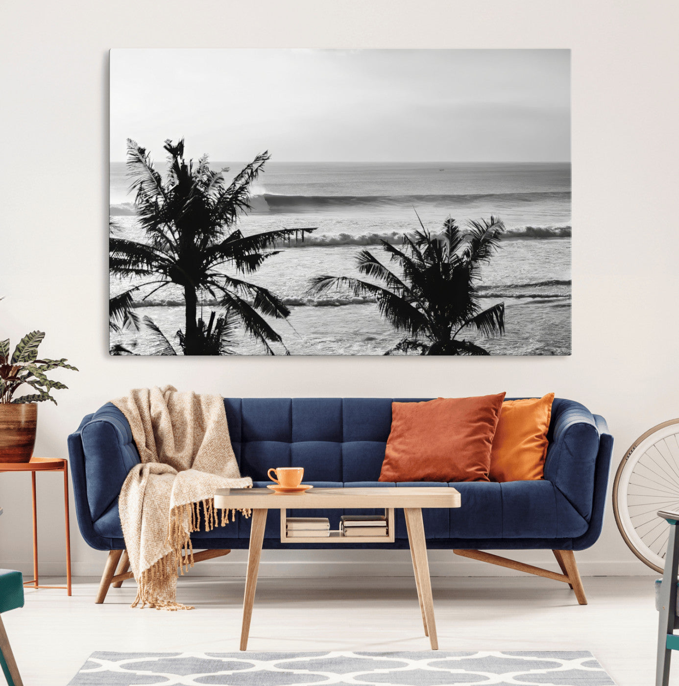 17508038-MGV-CV-36X24-Tropical Coastline Wall Art Canvas Print – Framed Palm Trees Scene with Ocean Waves Artwork for Home, Office
