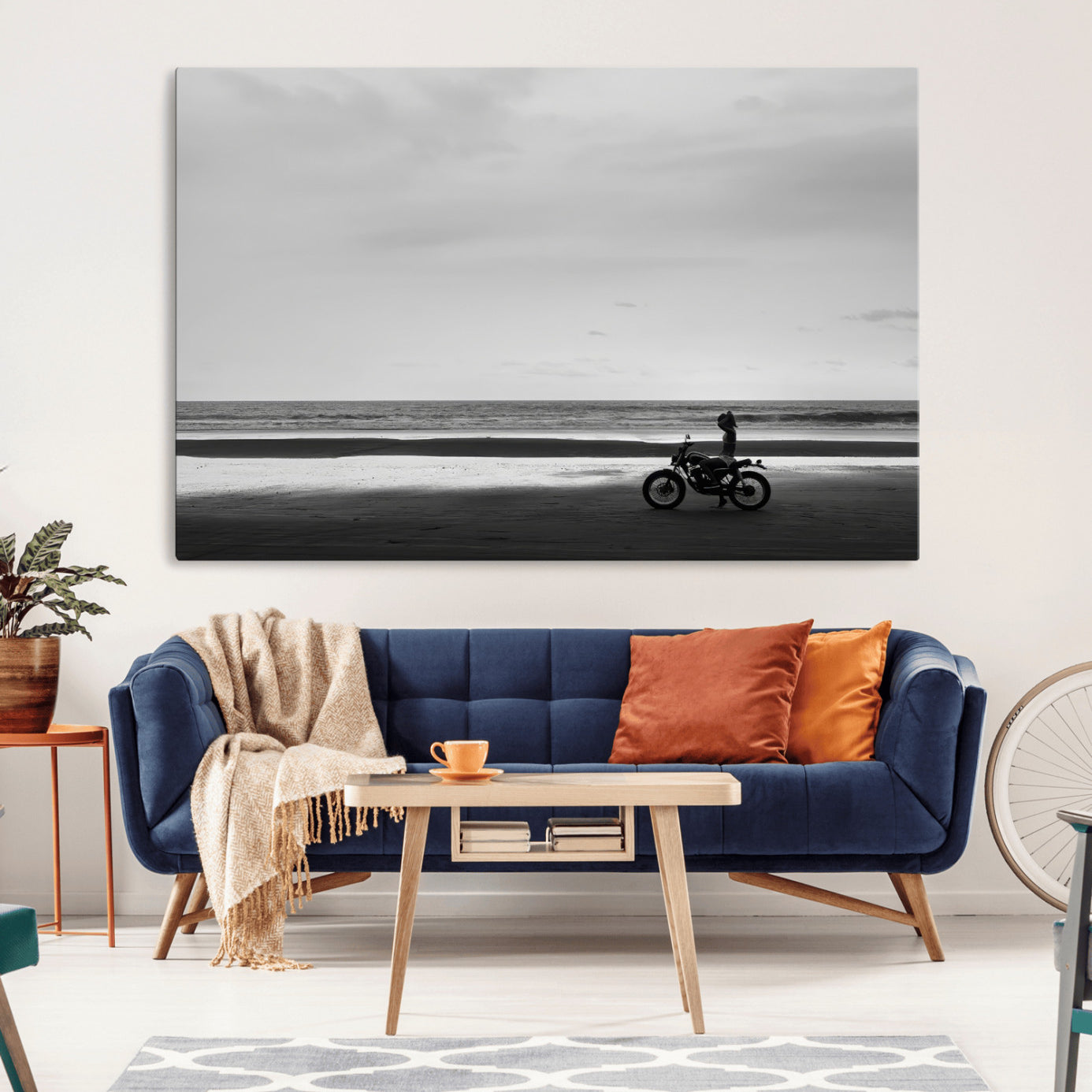 84739358-MGV-CV-36X24-Motorcycle Beach Wall Art Canvas Print – Framed Vintage Motorcycle Scene with Biker Silhouette Artwork for Home, Office