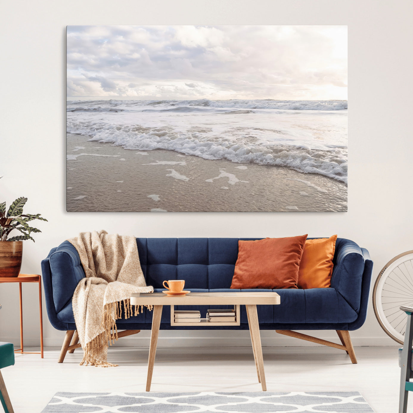 70596264-MGV-CV-36X24-Ocean Waves Wall Art Canvas Print – Framed Coastal Shoreline Scene with Sea Foam Artwork for Home, Office