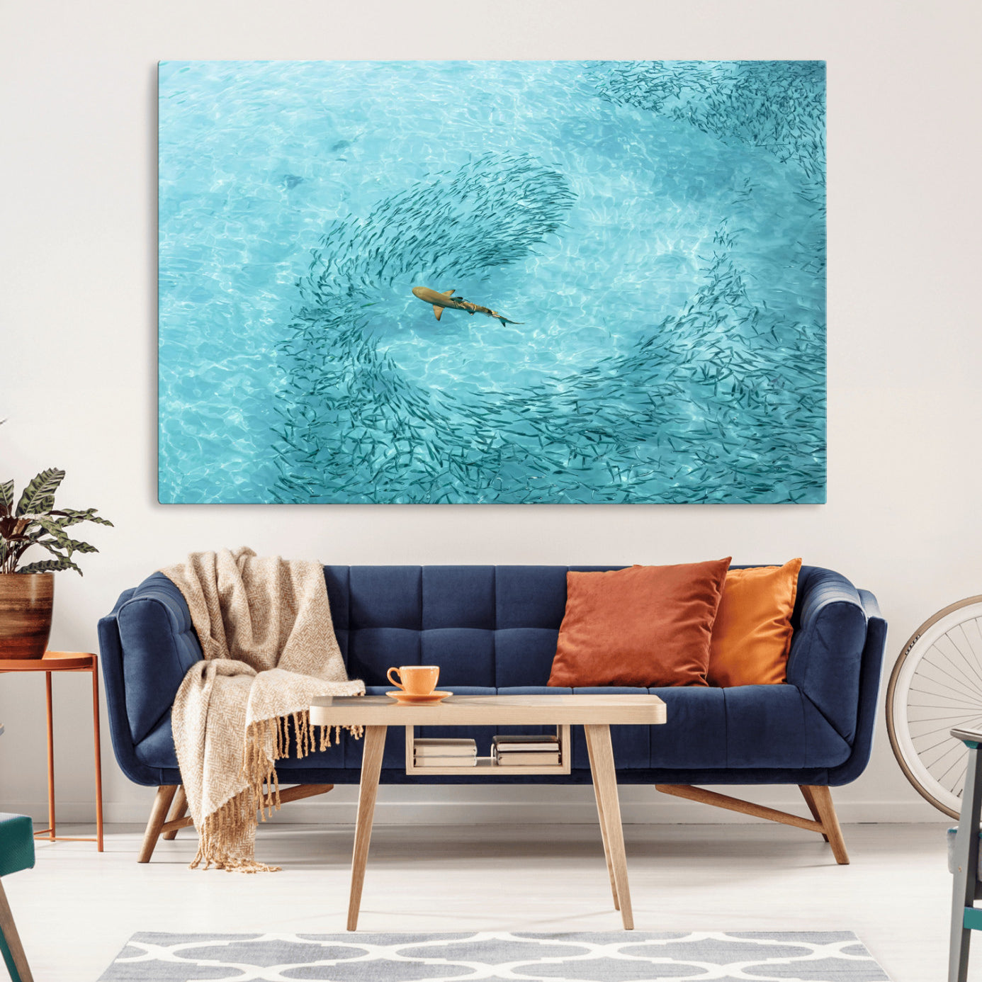 -Fish Swarm Wall Art Canvas Print – Framed Aerial Shark and Marine Life Coastal Wildlife Artwork for Home, Office