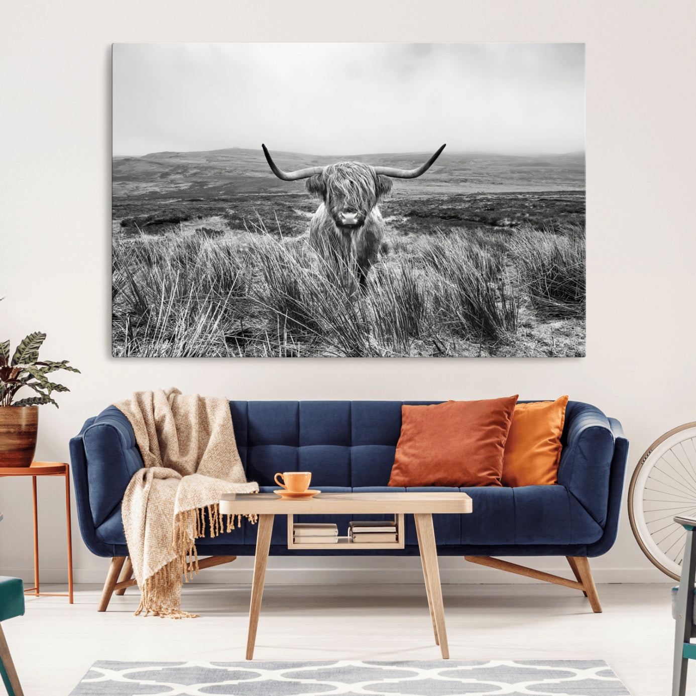 -Monochrome Highland Cow Wall Art Canvas Print – Framed Scottish Bull Lone Cattle Rustic Farmhouse Artwork for Home, Office