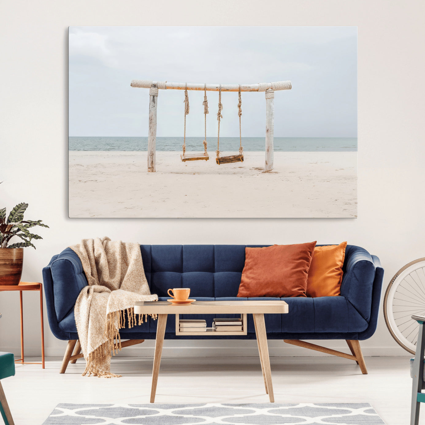 68327283-MGV-CV-36X24-Beach Swing Wall Art Canvas Print – Framed Quiet Beach Art Picture Calm Shoreline Artwork for Home, Office