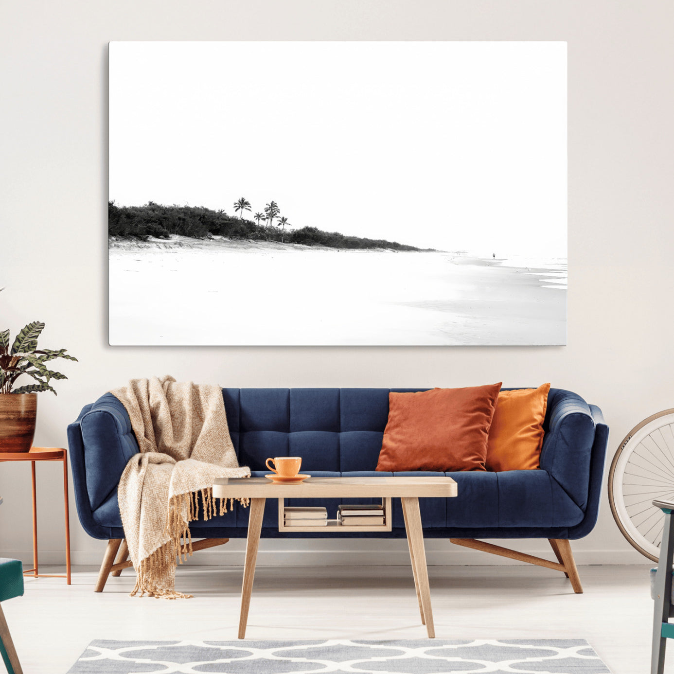 29611516-MGV-CV-36X24-Black White Beach Wall Art Canvas Print – Framed Palm Trees Art Picture Monochrome Tropical Artwork for Home, Office