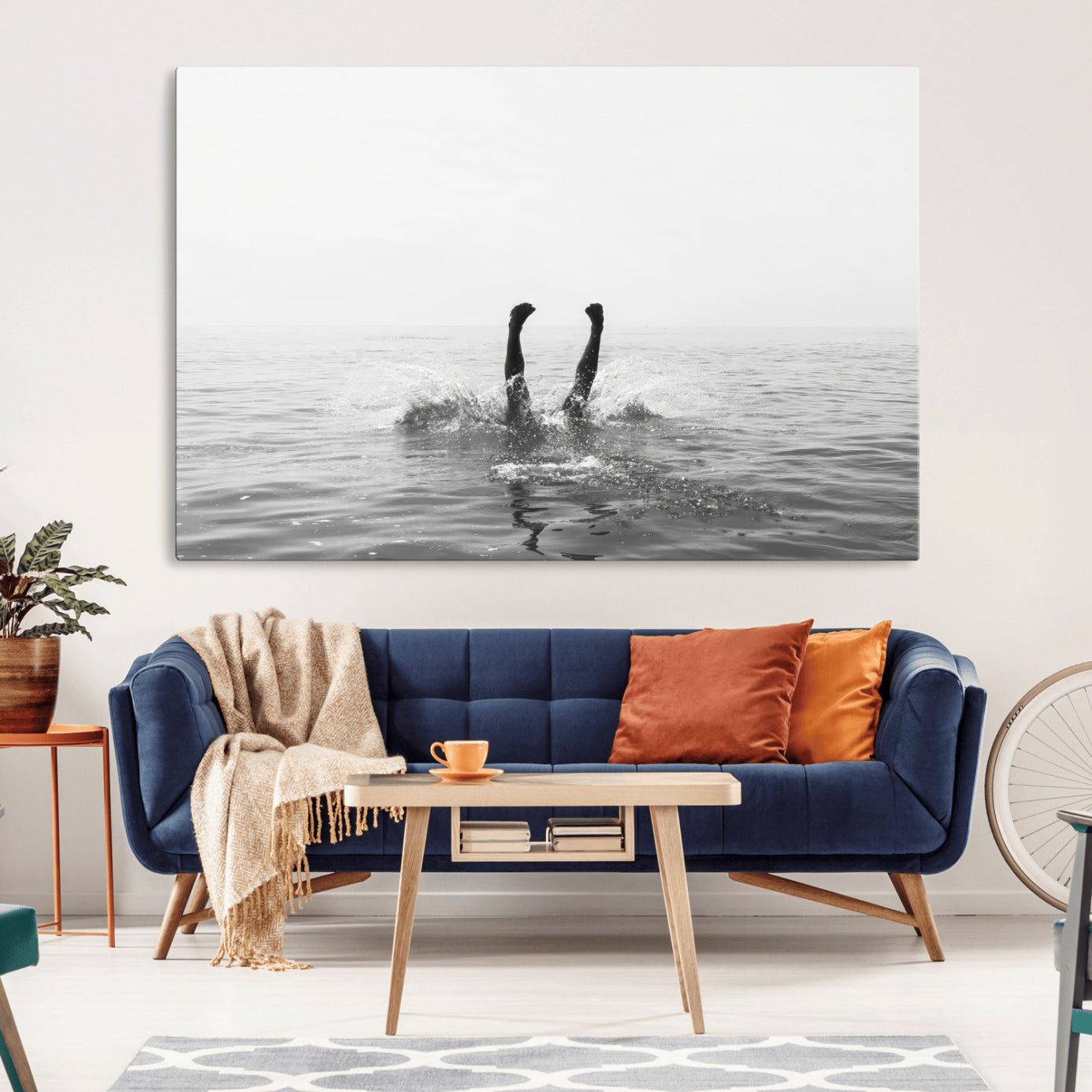 26667396-MGV-CV-36X24-Black White Ocean Wall Art Canvas Print – Framed Monochrome Water Scene with Diving Artwork for Home, Office