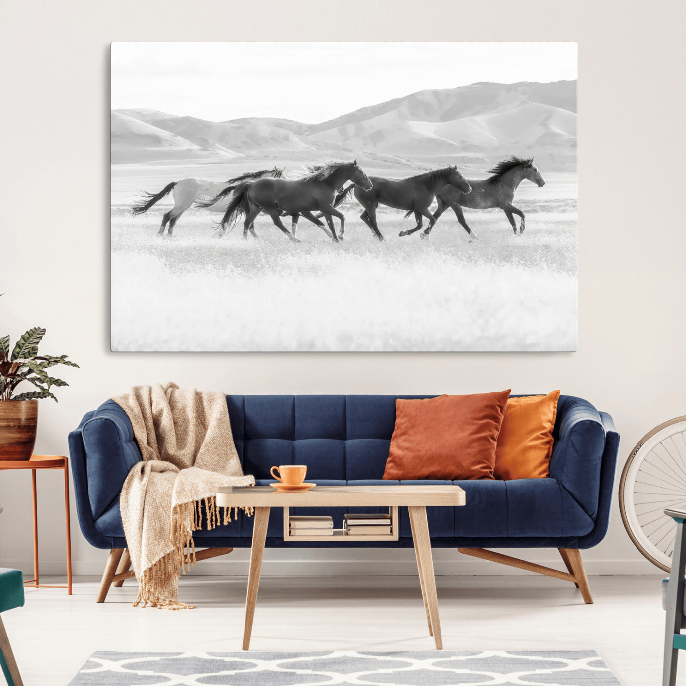 MGV-CV-36X24 - Wild Horses Wall Art – Black & White Canvas Print of Herd Running, Nature in Motion, Freedom & Beauty Decor for Guest Room, Office or Living Room