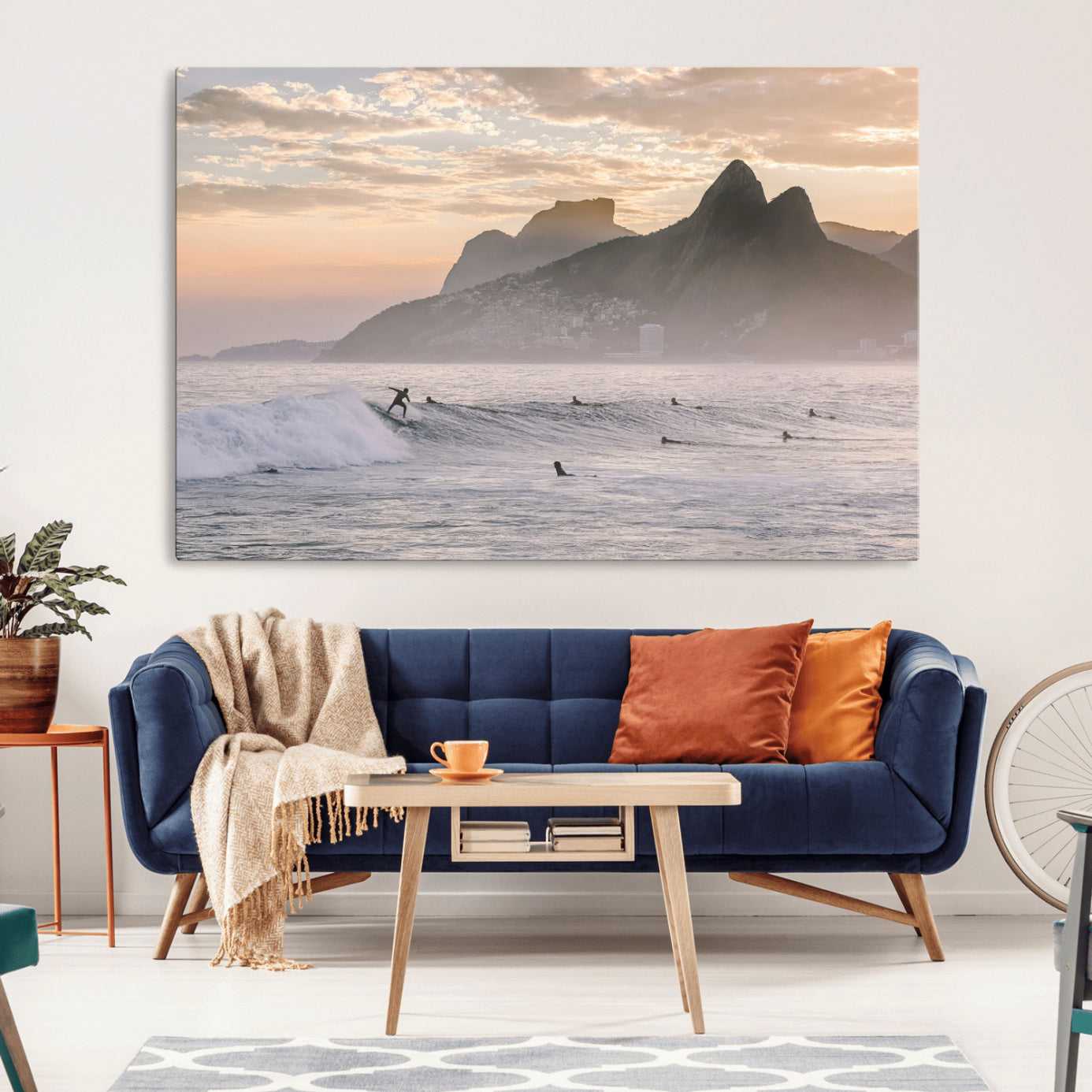 70644906-MGV-CV-36X24-Sunset Surfing Wall Art Canvas Print – Framed Misty Mountains with Surfer Riding Wave Artwork for Home, Office