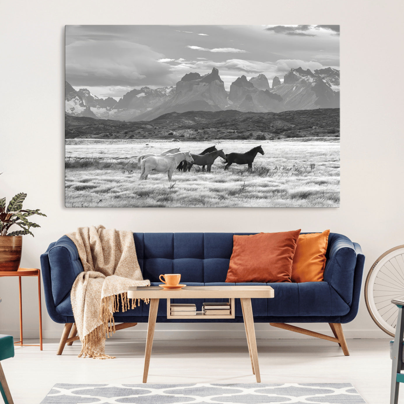 MGV-CV-36X24 - Wild Horses Wall Art Canvas Print, Framed Black White Mountains Art Picture Print, Rustic Countryside Perfect Rustic Western Decor Artwork