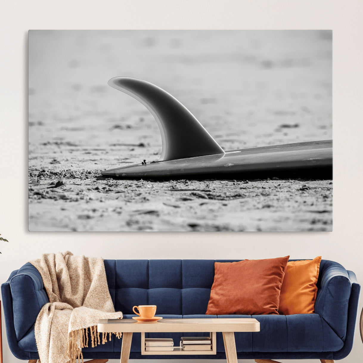 MGV-CV-36X24 - Black White Surfboard Wall Art Canvas Print, Framed Minimalist Beach Art Picture Print, Surf Fin Perfect Minimalist Coastal Decor Artwork