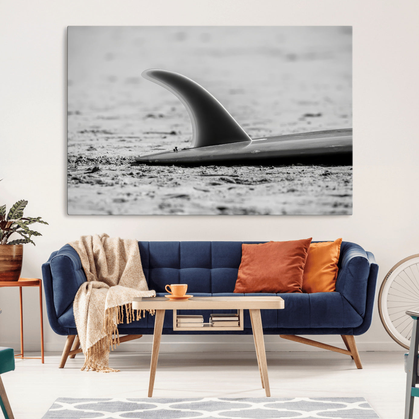 87750525-MGV-CV-36X24-Black White Surfboard Wall Art Canvas Print – Framed Minimalist Beach Art Picture Surf Fin Artwork for Home Office