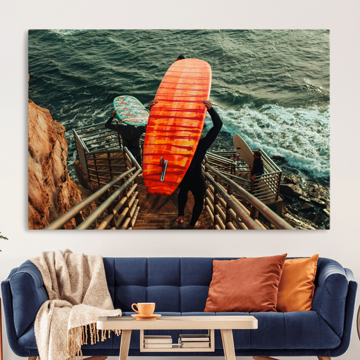 MGV-CV-36X24 - Surfer Stairway Wall Art Canvas Print, Framed Ocean Surf Art Picture Print, Sunset Coastal Perfect Coastal Adventure Decor Artwork