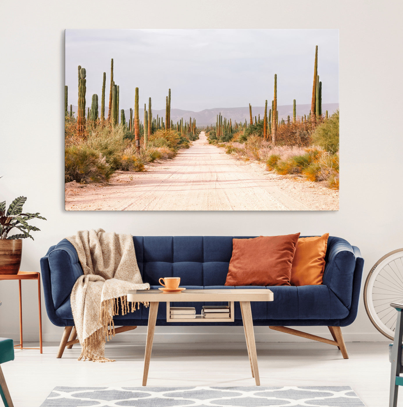 A desert road lined with saguaro cacti under a golden sky, creating a warm southwestern feel, perfect for boho or rustic decor.