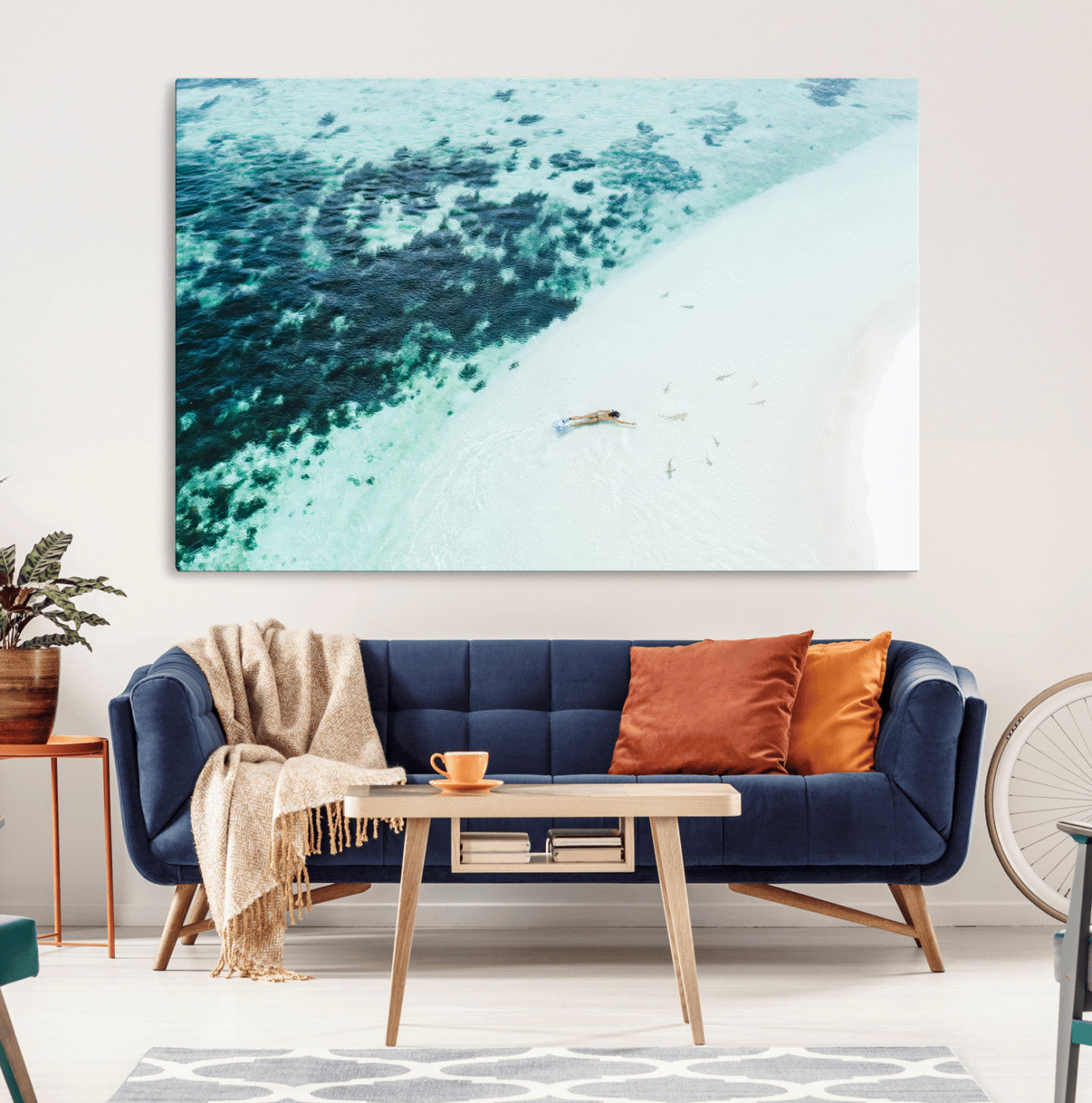 33764764-MGV-CV-36X24-Minimal Beach Wall Art – Framed Ocean Swimming Canvas Artwork, Clear Blue Sea Design, Modern Coastal Decor for Home, Office