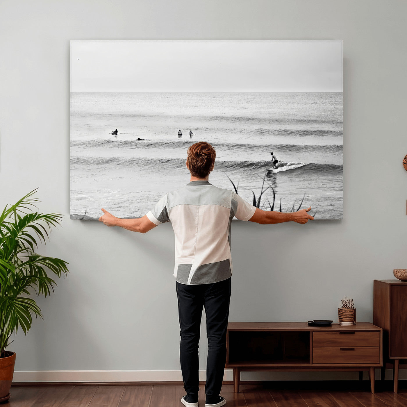 33821421-MGV-CV-36X24 - Surfer Silhouette Wall Art Canvas Print, Framed Calm Ocean Art Picture Print, Monochrome Surf Minimalist Coastal Decor Artwor
