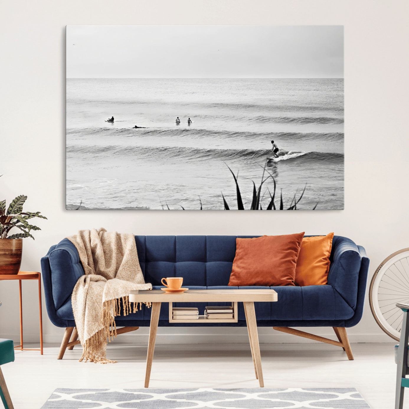33821421-MGV-CV-36X24-Surfer Silhouette Wall Art – Framed Calm Ocean Monochrome Surf Canvas Print Relaxing Decor for Home, Office