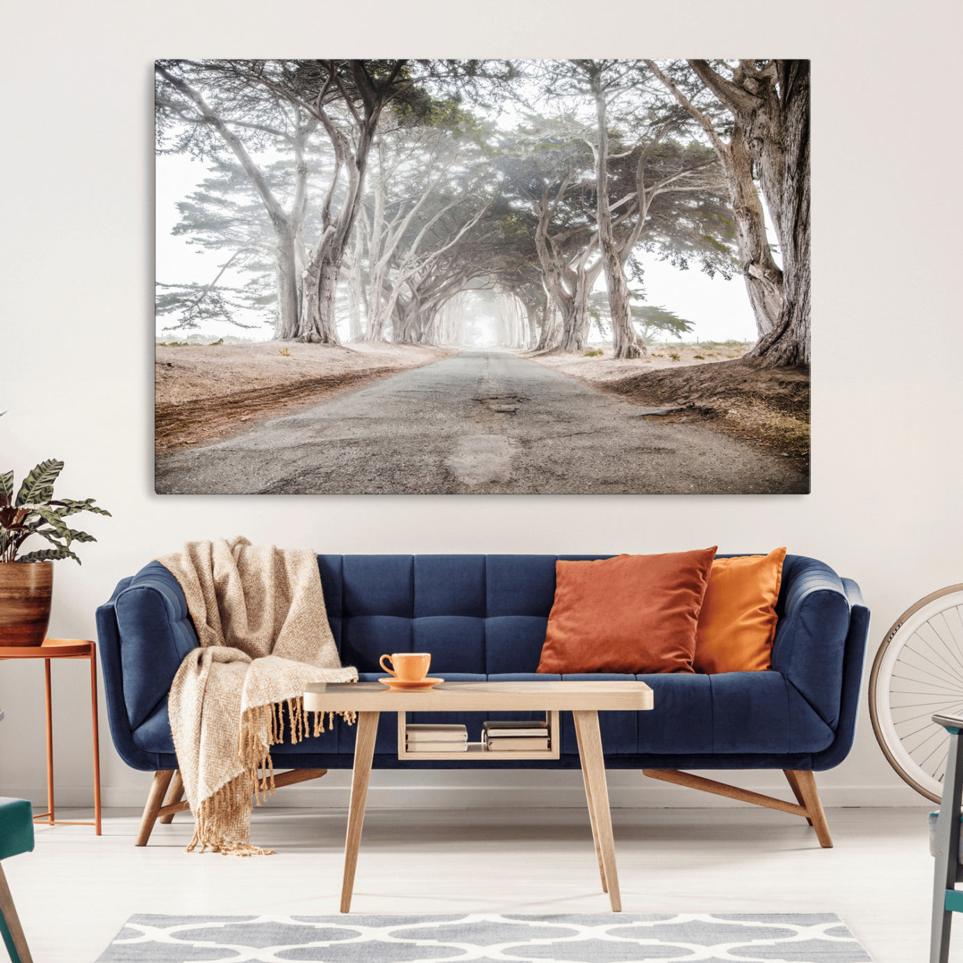 87090469-MGV-CV-36X24-Cypress Tunnel Wall Art – Framed Misty Road Canvas Artwork, Foggy Trees Design, Rustic Woodland Nature Decor for Home, Office