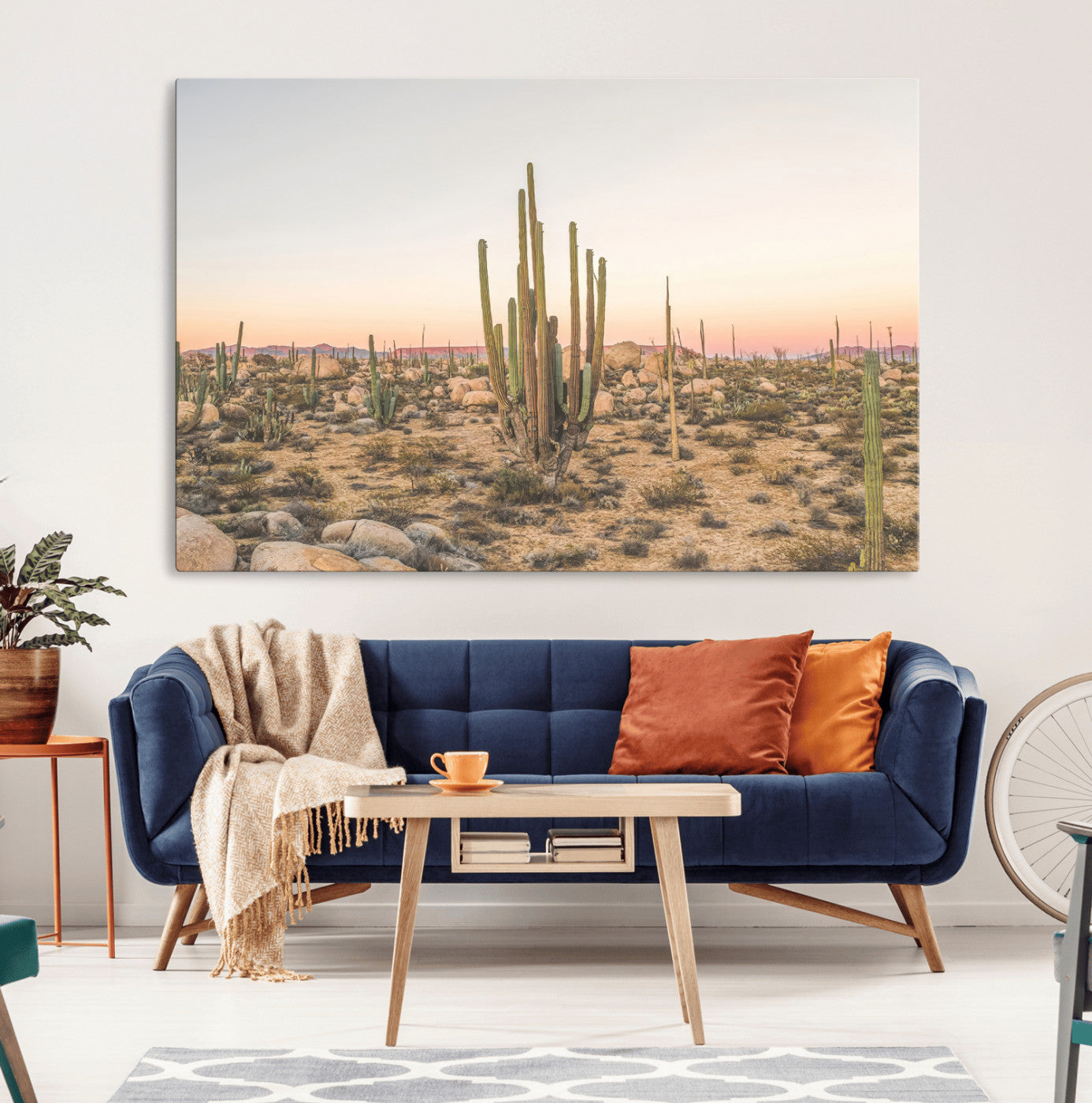 Canvas of tall desert cacti in warm sunset tones over a rocky Baja landscape, ideal for earthy or Southwestern-style home decor.