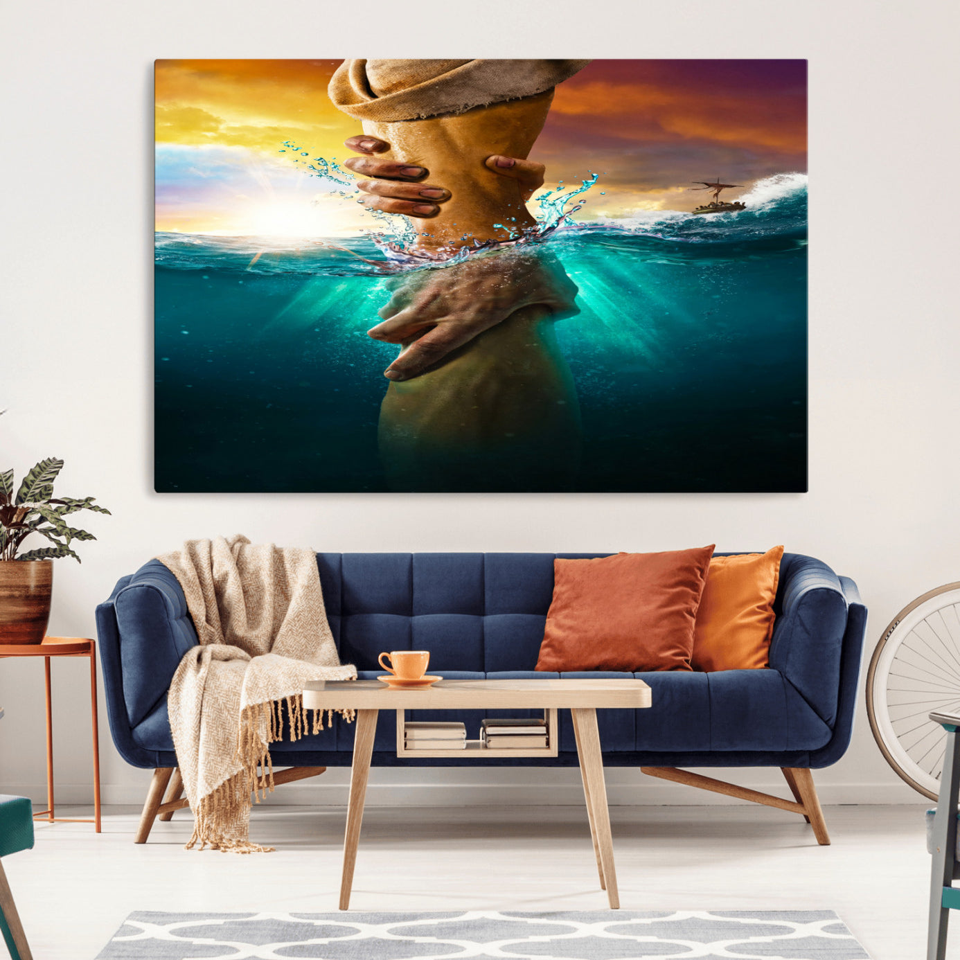 A dramatic scene of a hand reaching underwater and being lifted, symbolizing rescue and faith, ideal for spiritual or Christian wall decor.