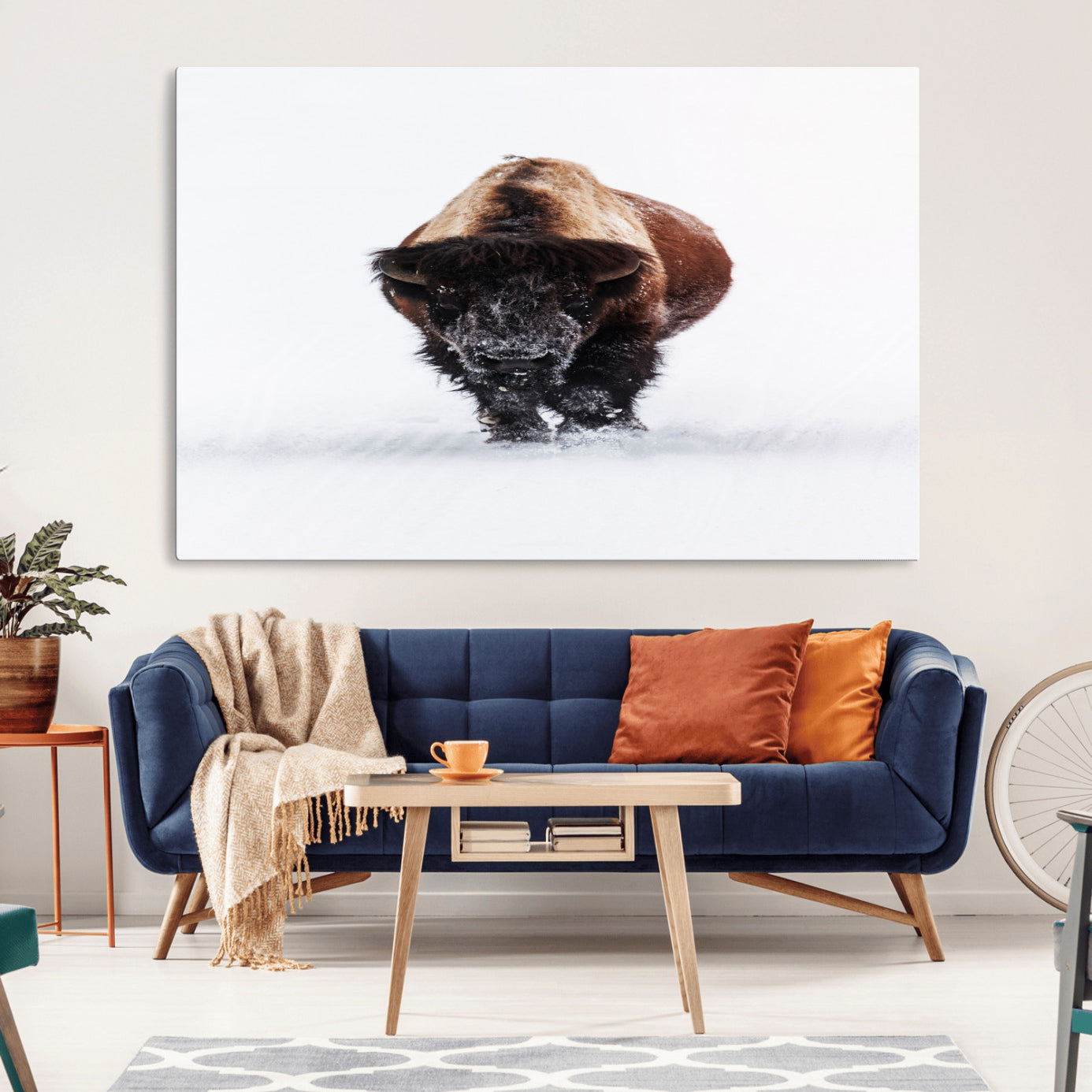 Front view of a strong bison walking in deep snow, isolated white background, perfect for rustic or lodge-style home decor.