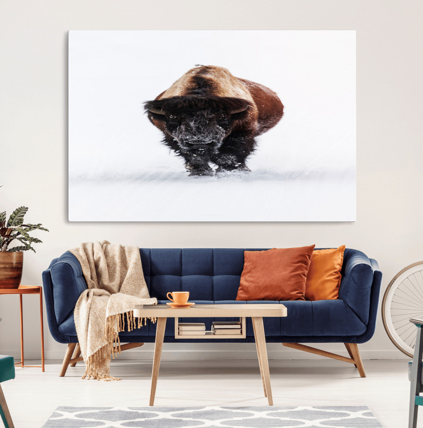 Front view of a strong bison walking in deep snow, isolated white background, perfect for rustic or lodge-style home decor.