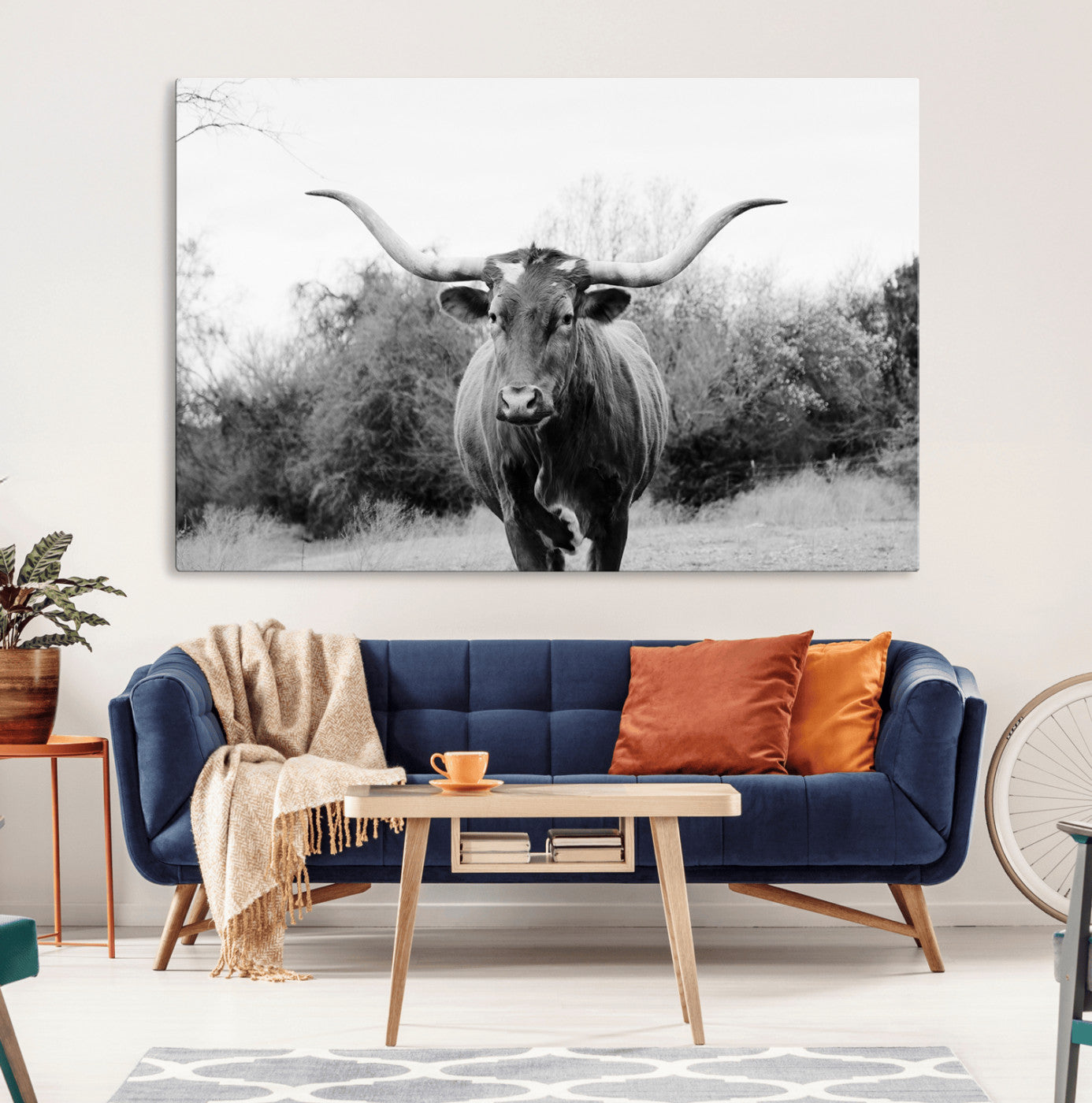 Black and white photo of a Longhorn cow facing camera, ideal for rustic, farmhouse, or western-themed home wall decor.
