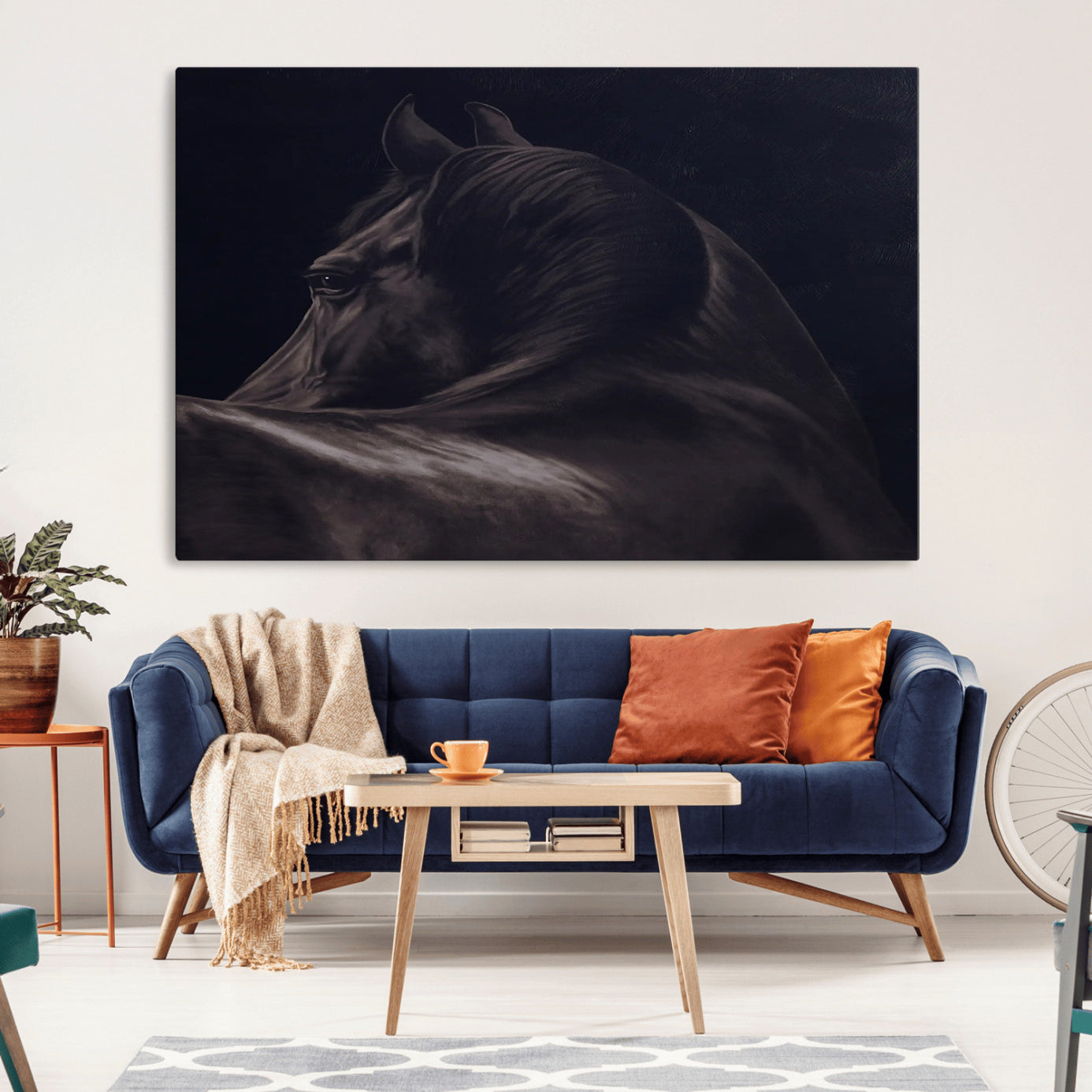 Moody black horse portrait with dramatic lighting on dark background, ideal for rustic, modern or Western style home decor.