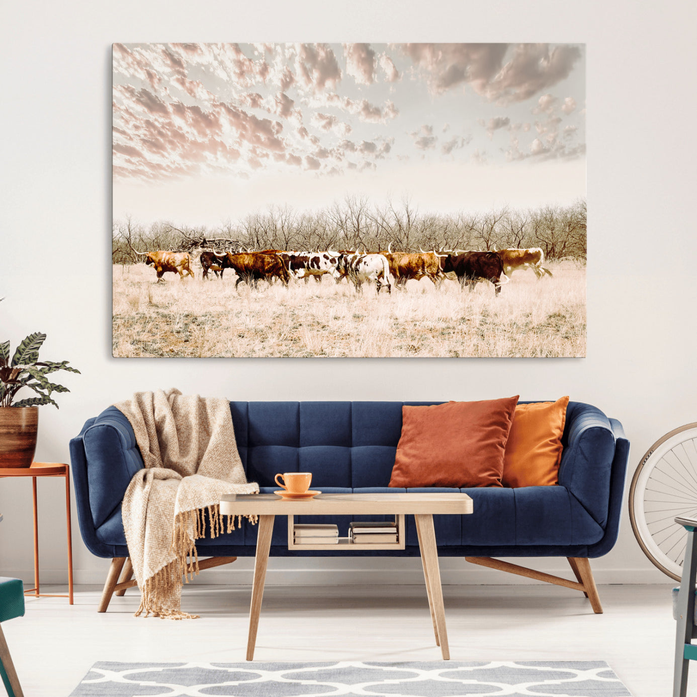 64892775-MGV-CV-36X24-Longhorn Cattle Wall Art Canvas Print – Framed Texas Ranch Scene with Western Cow Artwork for Home, Office