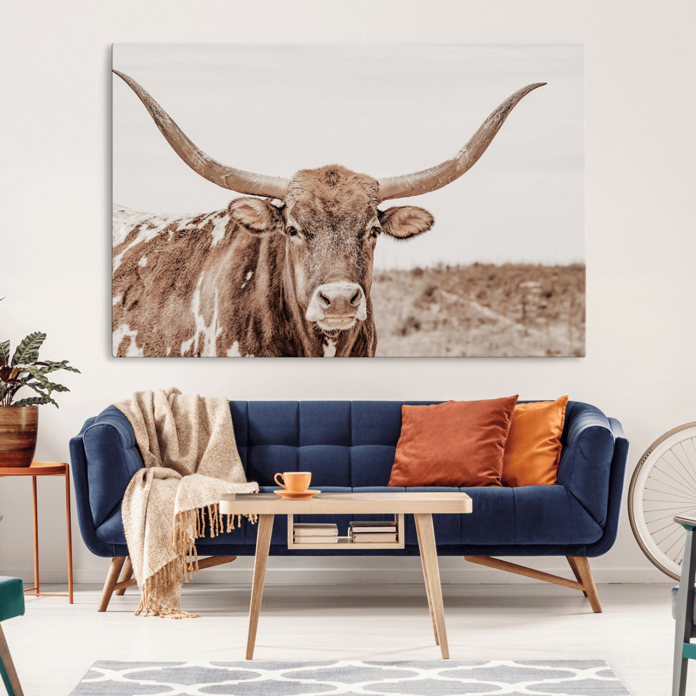 -Longhorn Cow Wall Art Canvas Print, Framed Texas Ranch Art Picture Print, Western Bull Perfect County Decor Artwork