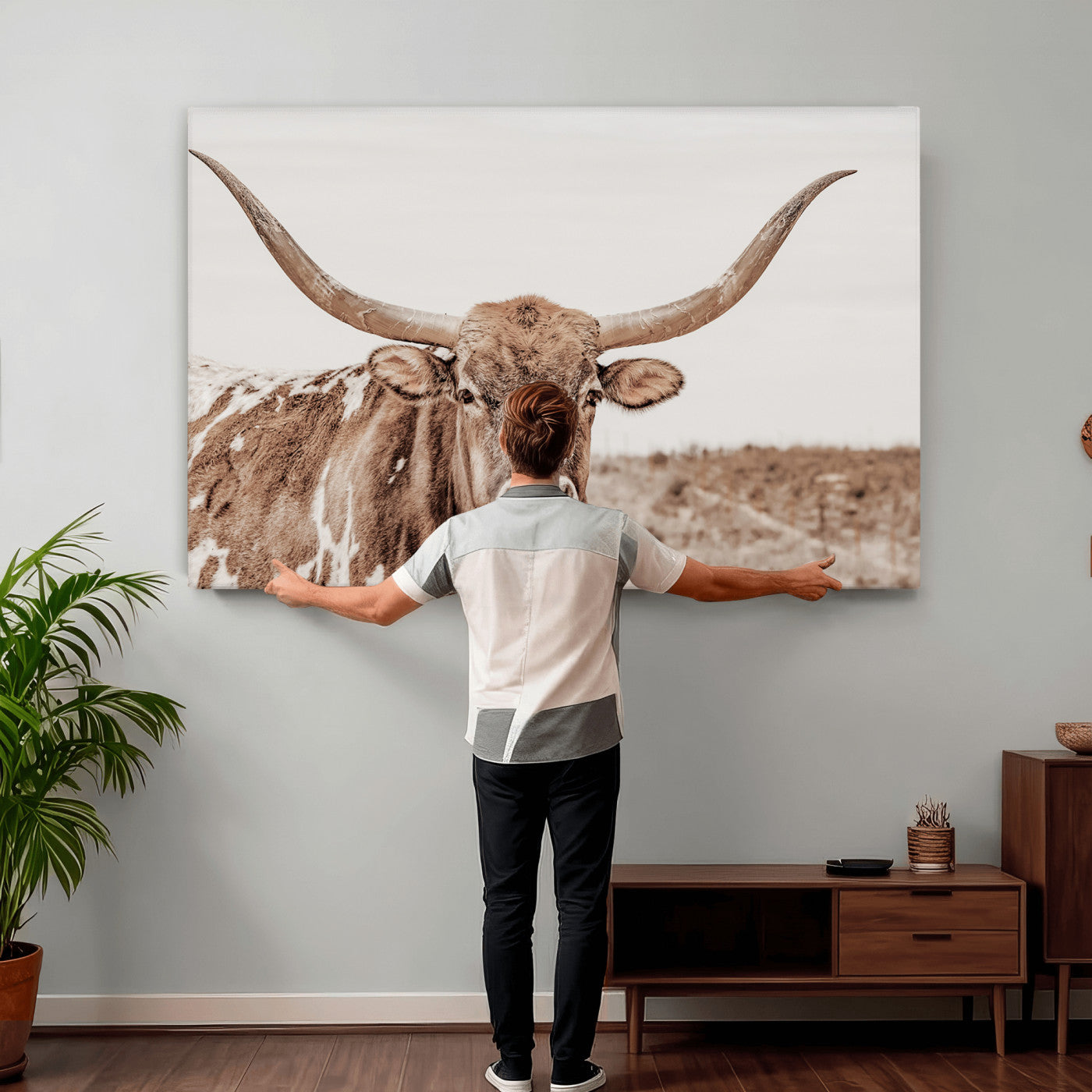 39964150-MGV-CV-36X24 - Longhorn Cow Wall Art Canvas Print, Texas Ranch Print, Framed Western Bull Art Print, Large BigHorn Cowboy Printing Perfect for County Decor