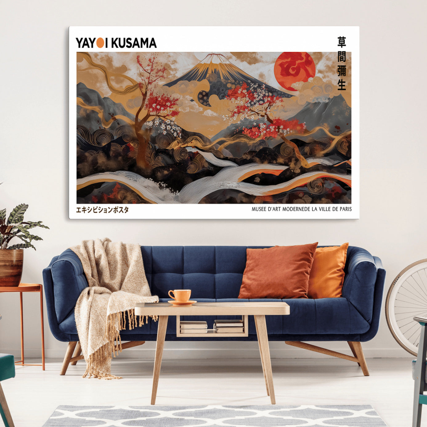 40959107-MGV-CV-36X24-Modern Japanese Wall Art Canvas Print – Framed Abstract Mount Fuji Scene Inspired Yayoi Kusama for Home, Office