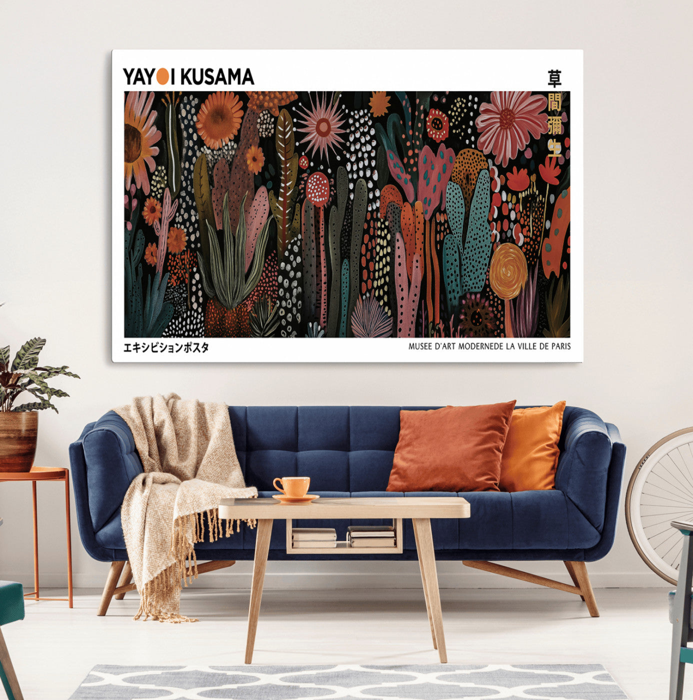 70632622-MGV-CV-36X24-Modern Japanese Wall Art Canvas Print – Framed Abstract Mount Fuji Scene with Yayoi Kusama Artwork for Home, Office