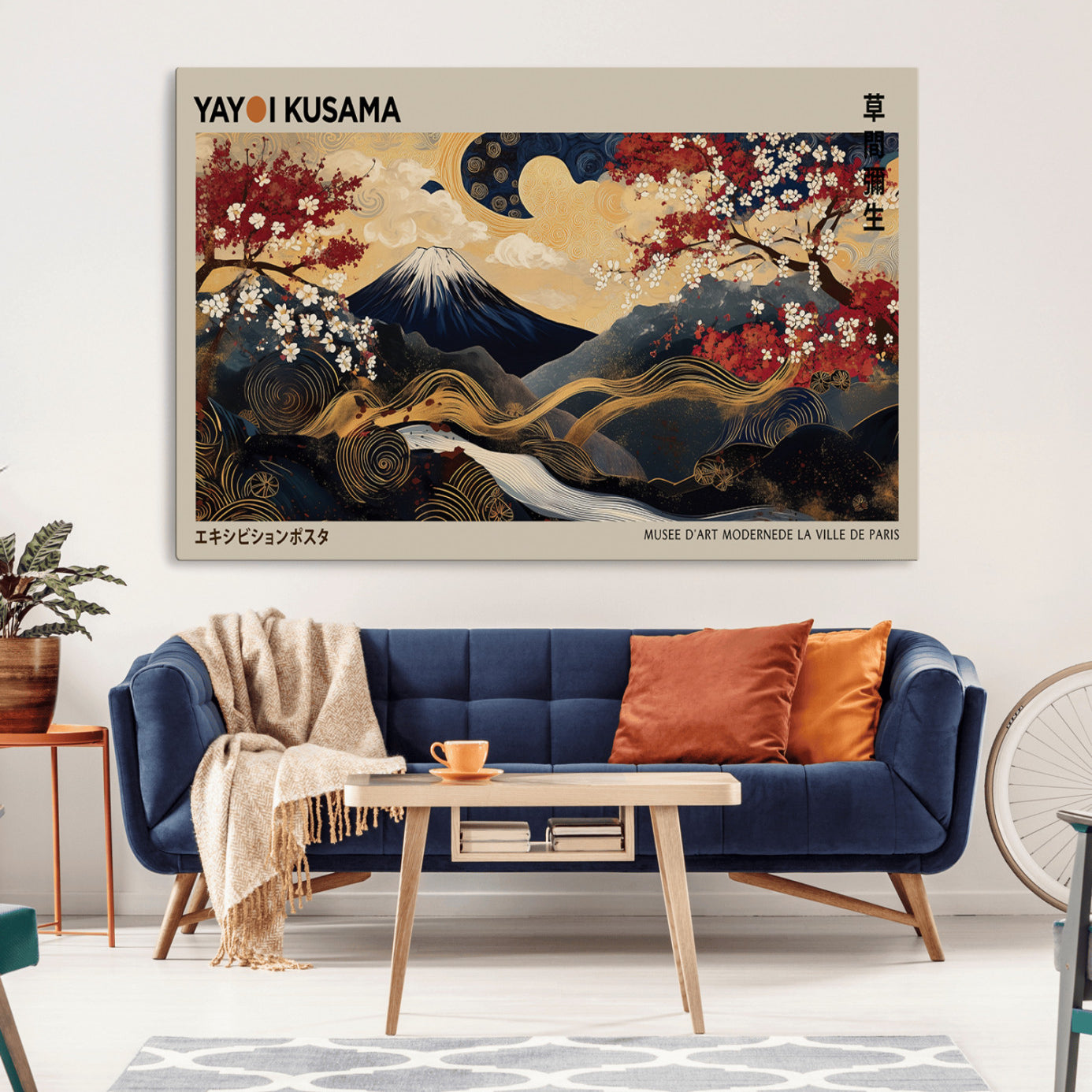 54967195-MGV-CV-36X24-Modern Japanese Wall Art Canvas Print – Framed Abstract Mount Fuji Scene with Yayoi Kusama Japanese Artwork for Home, Office