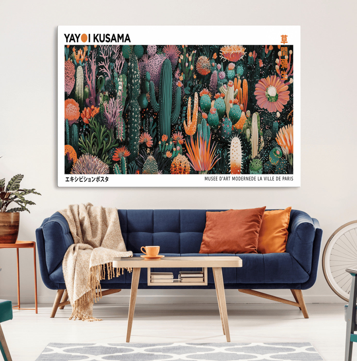 13391380-MGV-CV-36X24-Modern Japanese Wall Art Canvas Print – Framed Abstract Mount Fuji Scene with Yayoi Kusama Artwork for Home, Office