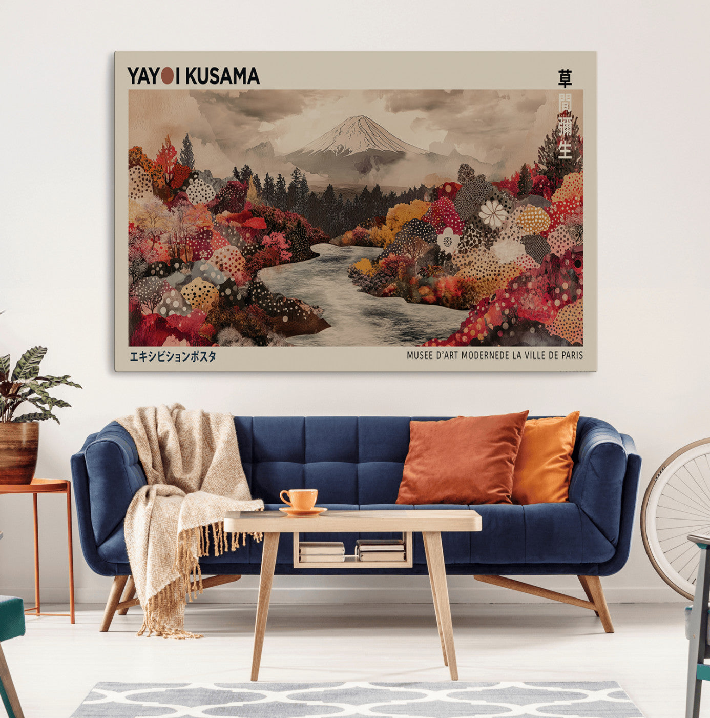 90660838-MGV-CV-36X24-Modern Japanese Wall Art Canvas Print – Framed Abstract Mount Fuji Scene with Yayoi Kusama Artwork for Home, Office