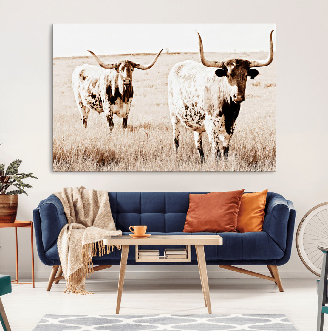 Rustic Cow Scene Wall Art Canvas Print, Framed Farmhouse Cattle Art, Prairie Western Decor