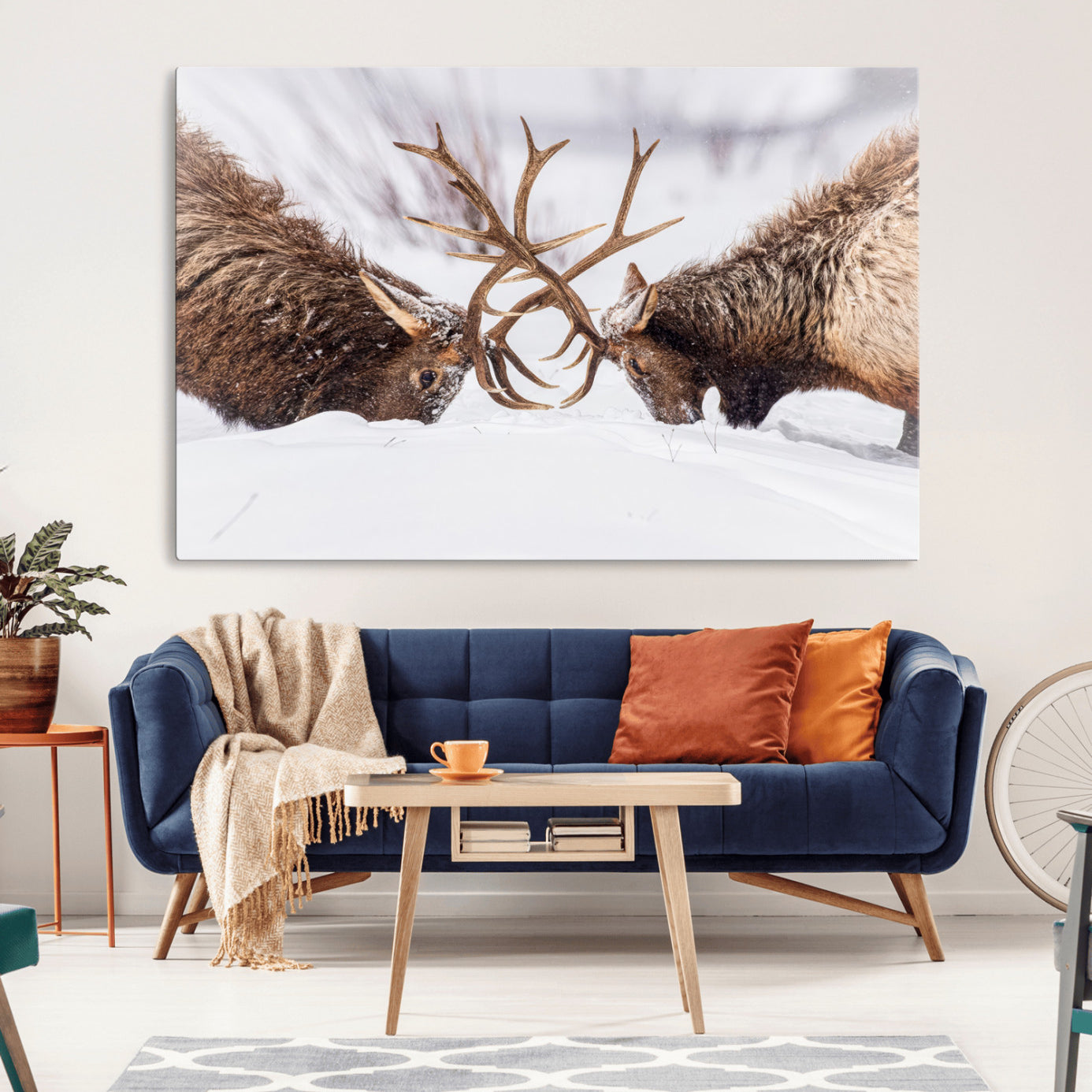 Two elk clashing antlers in a snowy forest, capturing raw power and wild energy, ideal for rustic cabin or lodge-style decor.