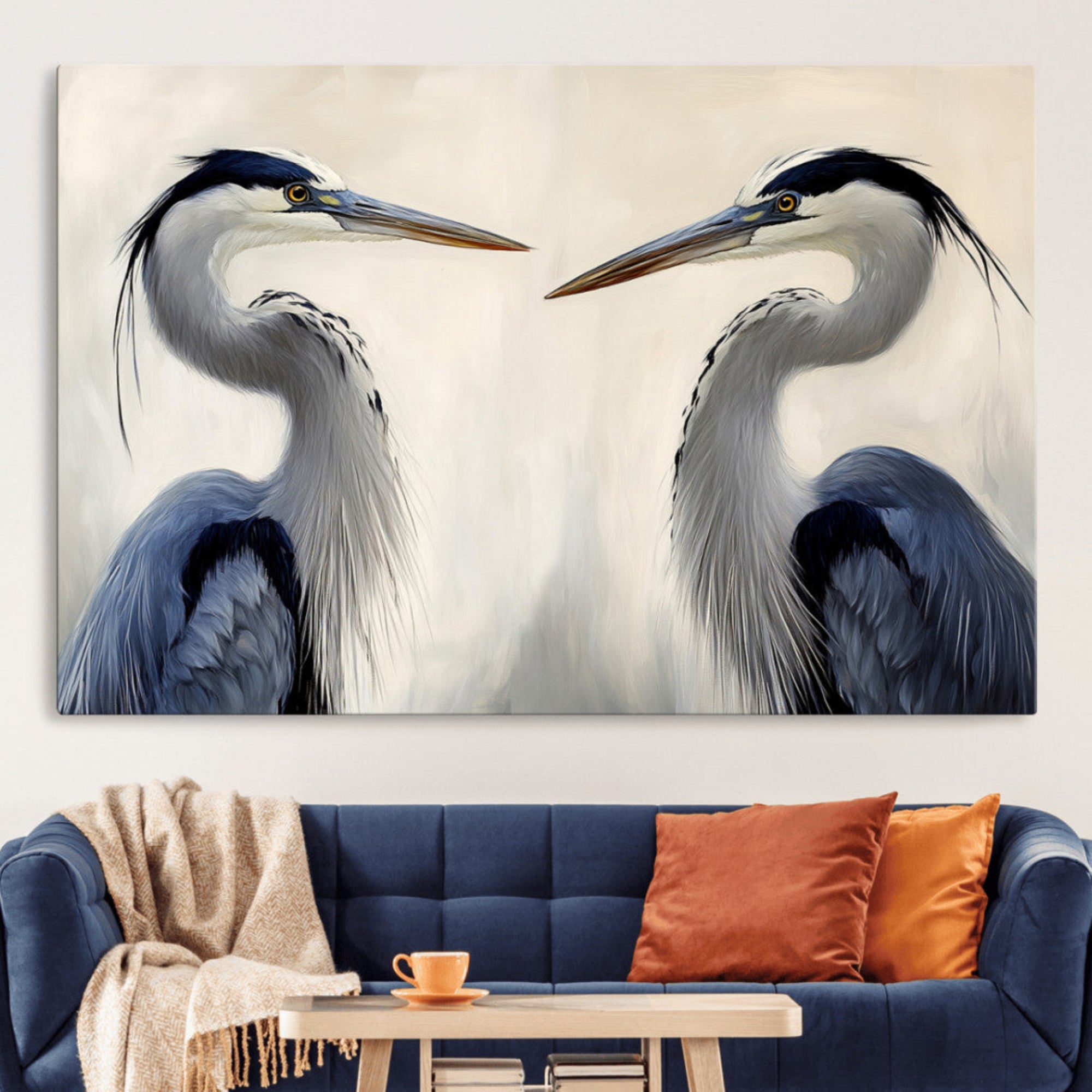 Two blue herons facing each other on a soft neutral background, ideal for coastal, tranquil, or nature-inspired minimalist interiors.