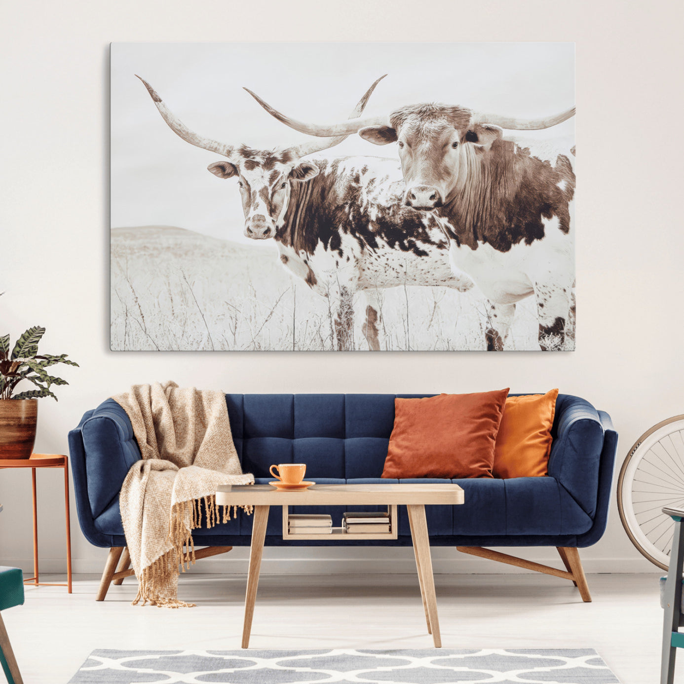 Two longhorn cattle standing in a dry grassy field with neutral tones, creating a rustic and farmhouse-inspired Western aesthetic.