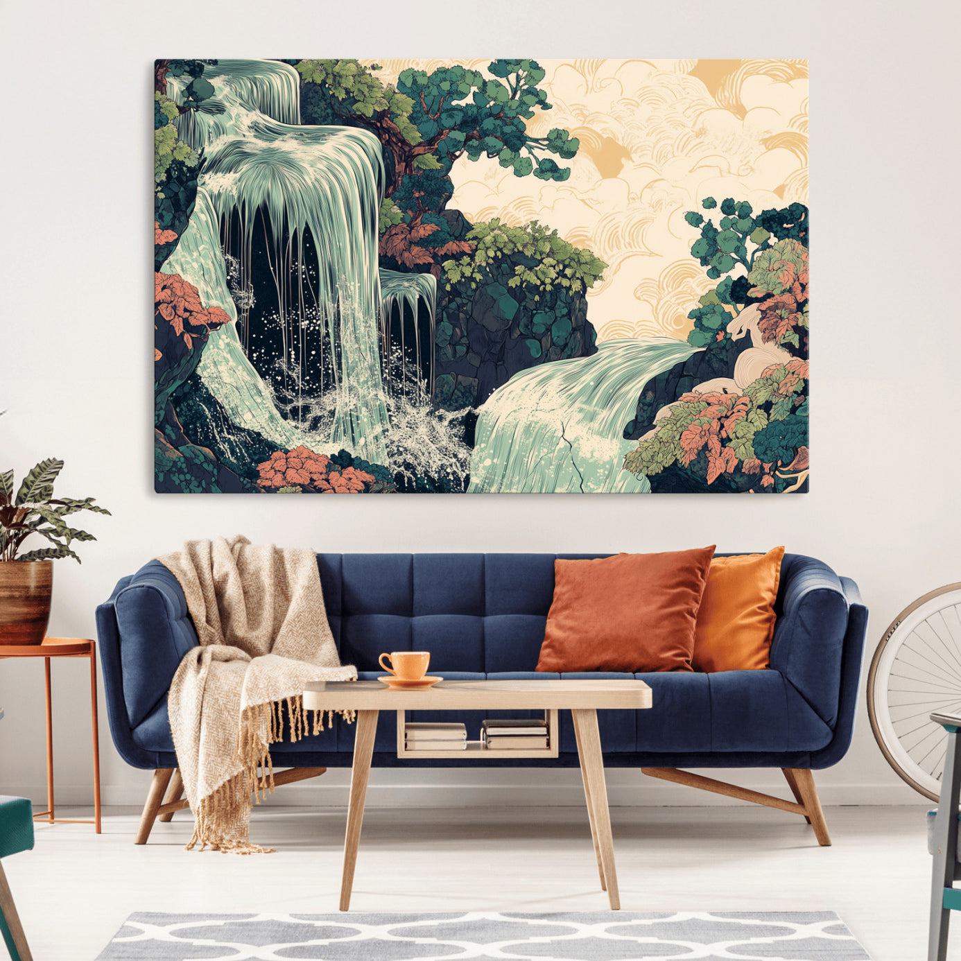 Stylized waterfall flowing through rocky terrain and lush foliage in an oriental art style, ideal for peaceful and nature-themed interiors.