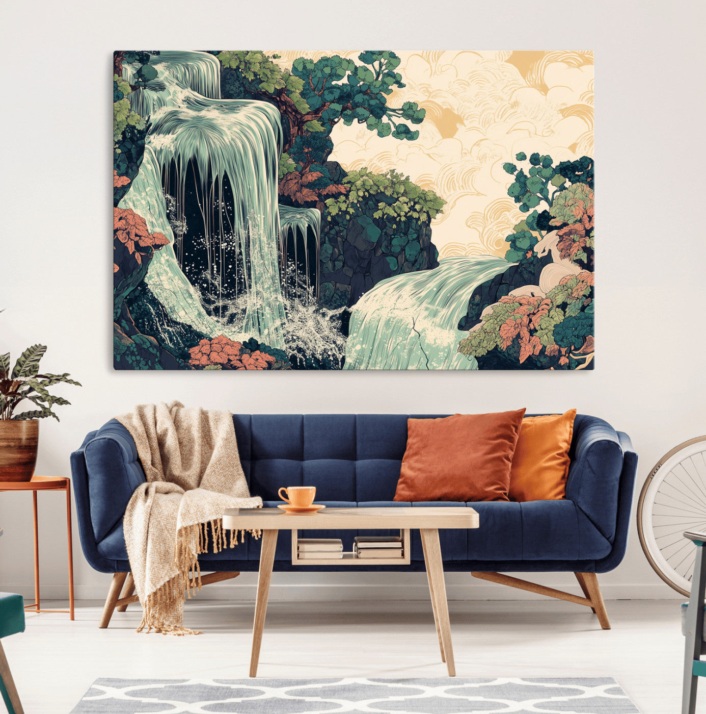 Stylized waterfall flowing through rocky terrain and lush foliage in an oriental art style, ideal for peaceful and nature-themed interiors.